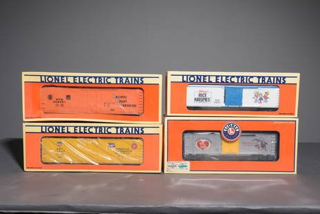 4 Lionel Train Cars in Original Boxes: 4 Lionel Train Cars in Original Boxes - Largest box is 5.75 in tall x 13.5 x 3.25 - This lot consists of "I Love Missouri" Gateway to the West (9700), "Kelloggs Rice Krispies" (19531), "American Refri