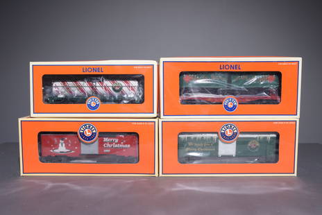 4 Lionel Holiday Train Cars in Original Boxes #4: 4 Lionel Holiday Train Cars in Original Boxes - The largest box is 5.75 in tall x 13.25 x 3 - This lot consists of "Reindeer Express Agency" (39477), "Lionelville Peppermint Company" (26196), "We Wish