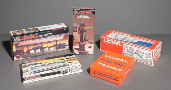 5 Lionel Train Accessories in Original Box: This lot will fit into a box that is 6 in tall x 13 x 12.5. This lot includes (1) Lionel No. 310 Billboard Set, (1) 027 Gauge Station Platform (6-2256), (1) '0' and 027 Gauge Illuminated Station Platf