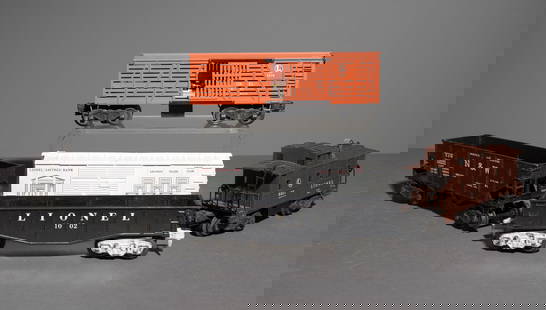 5pcs - Lionel Boxcars, Hopper Car, Etc.: 5pcs - Lionel Boxcars, Hopper Car, Etc. - All are in their original boxes though there is a lot of wear to the boxes. - This lot consists of a Lionel Lines 6457 Caboose Model, a Norfolk and Western N&