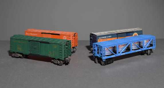4pcs - Lionel Boxcars & 1 Vat Car: 4pcs - Lionel Boxcars & 1 Vat Car - This lot consists of a Rock Island "Route of The Rockets" Green R.I. 6464 Boxcar Model, a Great Northern "See America First Glacier National Park" Orange G.N. 6464