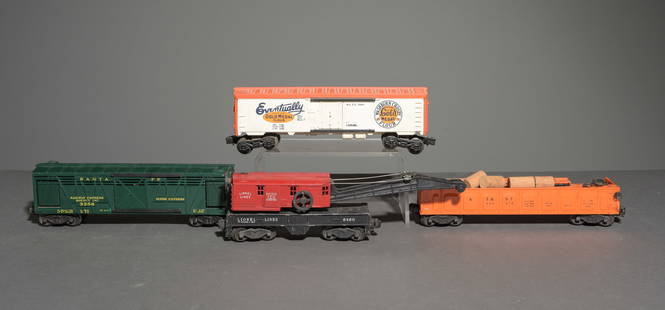 4pcs - Lionel Boxcars, Barrel Car, Etc.: 4pcs - Lionel Boxcars, Barrel Car, Etc. - This lot consists of a Santa Fe Railway Express Agency Inc. Horse Express 3356 Boxcar Model, a Washburn Crosby Gold Medal Flour "Eventually - Why Not Now?" W.