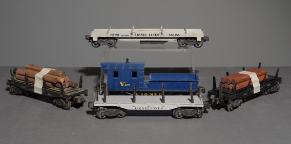 5pcs - Lionel Log Cars, Caboose & Flat Freight Car