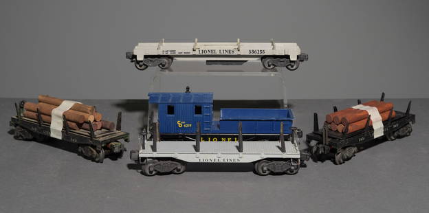 5pcs - Lionel Log Cars, Caboose & Flat Freight Car: 5pcs - Lionel Log Cars, Caboose & Flat Freight Car - This lot consists of a Lionel Blue C. & O. 6219 Work Caboose, two Lionel Lines 3451 Log Cars, a Lionel Lines 336155 Flat Freight Car and a Lionel L
