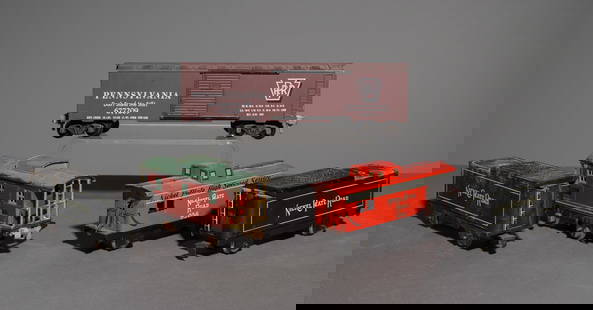 5pcs - Boxcars, Caboose, Tender Car, Etc.: 5pcs - Boxcars, Caboose, Tender Car, Etc. - This lot consists of a Pennsylvania "Don't Stand Me Still!" 677209 Boxcar Model, a MAR Lines Nickel Plate Road Tender Car, two Nickel Plate Road "Nickel Pla