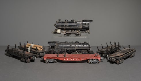 7pcs - 2 Lionel Steam Engines & 5 Log Cars