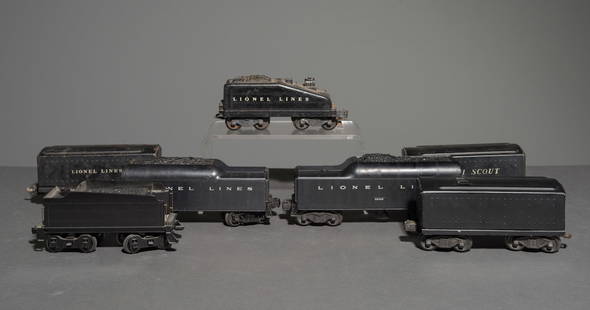 7pcs Lionel Tender / Coal Cars: 7pcs Lionel Tender / Coal Cars - This lot consists of a Lionel Lines 2046W Tender Car, a Lionel Scout Tender Car, a Lionel Lines 1689W Tender Car, a Lionel Tender Car, a Lionel Whistle / Tender Car an