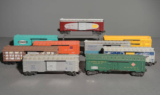 9 Assorted Lionel Box Cars: 9 Assorted Lionel Box Cars - This lot consists of a Eagle Merchandise Service MP 6464150 Box Car, a Central of Georgia "The Right Way" CG 6464375 Box Car, a New York Central System NYC 6464900 Box Car