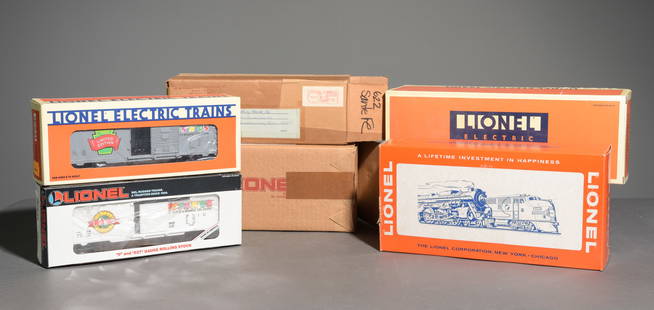 6pcs Lionel Box Cars, Caboose, Etc.: 6pcs Lionel Box Cars, Caboose, Etc. in Original Boxes - This lot consists of a 1992 Limited Edition Toys R Us Box Car Model 6-16806, a 1993 Limited Edition Toys R Us Box Car Model 6-16808, a Lionel Op