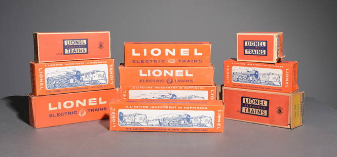 10 Lionel Hopper Cars, Tenders, Etc. in Original Boxes: 10 Lionel Hopper Cars, Tenders, Etc. in Original Boxes - This lot consists of a Dwarf Signal Number 148-14, a Log Unloading Car Number 3364-12, a UCS O Gauge Remote Control Track Set number UCS-22, a