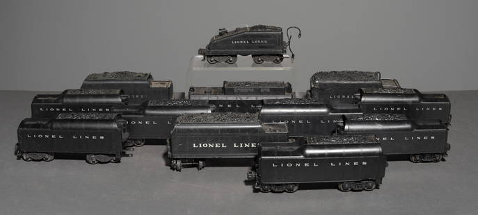 12 Lionel Lines Coal Tender Cars: 12 Lionel Lines Coal Tender Cars - The only visible model number is 6403B - This lot fits in a box flat that measures 2.5 in tall x 25.5 x 15.75