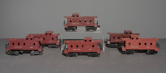 6 Lionel Cabooses #2: 6 Lionel Cabooses - This lot consists of five Lionel Lines Cabooses Number 6017 and one that is number 6037 - This lot fits in a box flat that measures 2.25 in tall x 16.25 x 12.25