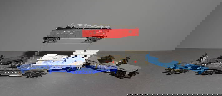 5pcs - Lionel Hopper, Flat Freight Cars, Etc.: 5pcs - Lionel Hopper, Flat Freight Cars, Etc. - This lot consists of a Lionel Recue Unit Work Tender Car No. 6814, three Lionel Flat Freight Cars No. 3419 and a New York Central Barrel Hopper Car No.