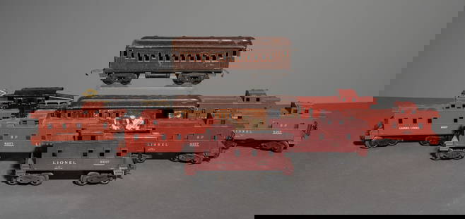 9pcs - Assorted Cabooses, Etc.: 9pcs - Lionel Lines Cabooses, Passenger Cars, Etc.- This lot consists of three Lionel Lines Cabooses with Number 6357, One with Number 6257 and Two with number 6017, a Pullman Columbia Passenger Car N