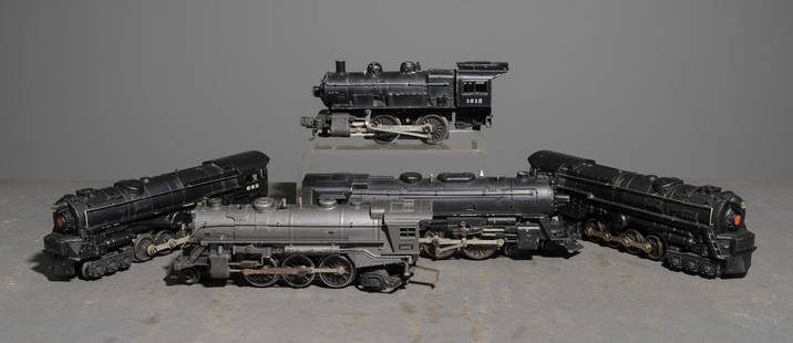 5 pcs - Assorted Lionel Locomotives: (1) - 1615 Switcher Steam Locomotive, (1) - 1666E Prewar Steam Locomotive, (1) 671 - Steam Engine, (1) 682 - Pennsylvania Steam Engine, and (1) 685 - Steamer. This lot will fit in a box 4in tall x 16.