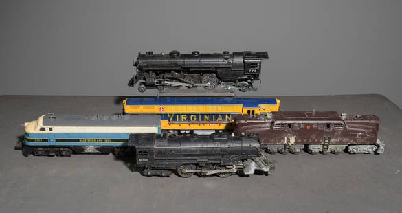 5pcs - Assorted Lionel Locomotives: This lot consists of (1) 2322 Virginian FM Locomotive, (1) 2368 Baltimore and Ohio F3 AB diesel locomotive, (1) 2360 Pennsylvania Electric GG1, (1) 2056 Hudson Steamer (027 Gauge), and (1) 773 Semi-Sc