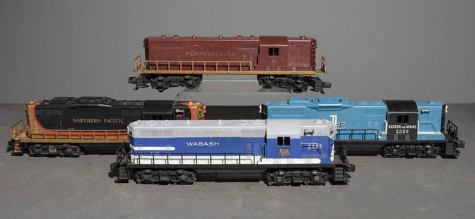 4pcs - Lionel GP7 and GP9 Diesel Locomotives: This lot consists of (1) 2337 Wabash GP7 Diesel Unit, (1) 2028 Pennsylvania GP7 Diesel Unit, (1) 2349 Northern Pacific GP9 Diesel Unit, and (1) 2359 Boston and Maine GP9 Diesel Unit. This lot will fit