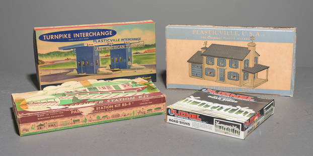 4pcs - Model Railroad Accessories: This lot consists of (1) Lionel Set of Fourteen Road Signs (6-2180 Original Packaging) for 0 and 027 Gauge, (1) Plasticville, U.S.A 2 Story Colonial House (Original Box include.), (1) Plasticville, U.