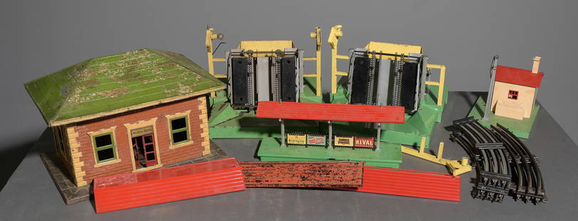Vintage Model Railway Track Accessories #5: This lot consists of (2) Lionel No. 164 Log Loaders, (1) Automatic Gateman, (1) Lionel No. 156 Platform Station, (1) Lionel Prewar Standard No. 122 Waiting Room, (1) Red replacement log loader roof an