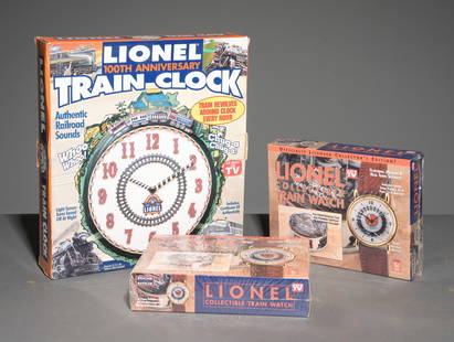 Lionel Train Clock and Collectible Timepieces: This lot consists of (1) Lionel 100th Anniversary Train Clock in original box with Certificate of Authenticity and (2) Lionel Collectible Train Watches in Original Box and Plastic Wrapping.