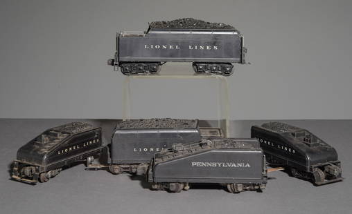 Five Lionel Tenders: This lot consists of (1) Lionel Pennsylvania Tender No. 2227 T, (1) Lionel Lines No. 2426W Tender, (1) Lionel Lines No. 2666W Tender, and (2) Lionel Lines Slope-Back Tender. This lot will fit in box 3