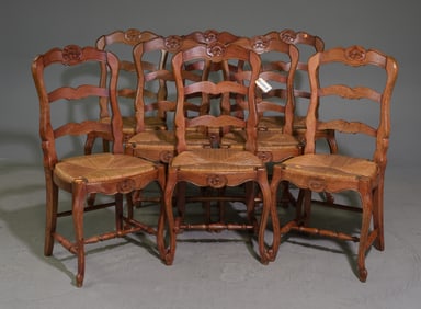 Louis XV Style Set of 8 Oak Rush Seat Chairs