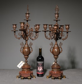 French Pair of Bronze & Marble Candelabras