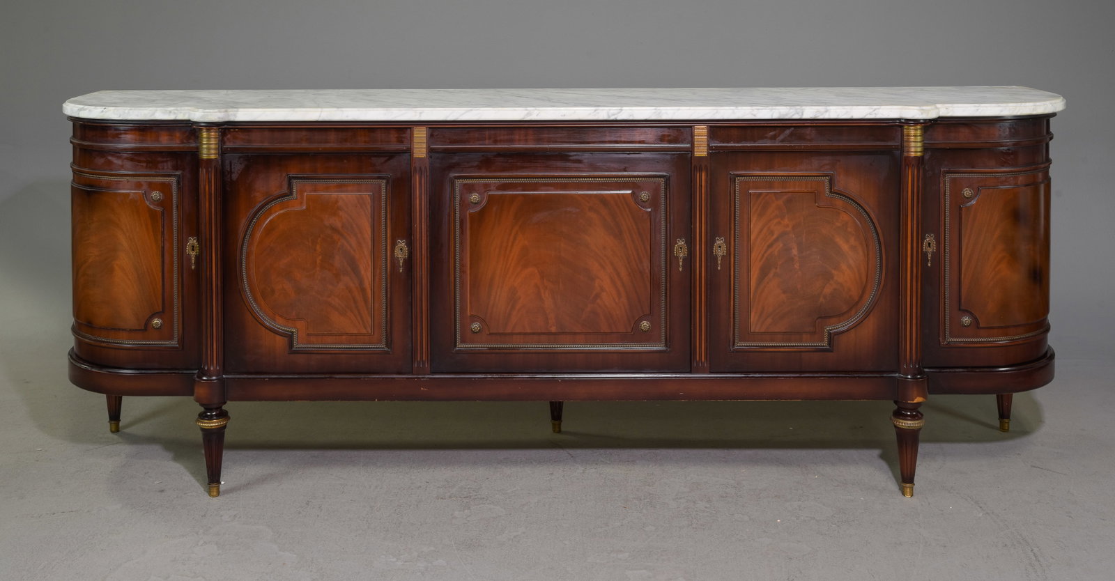 Louis XVI Style White Marble Top Sideboard: French Louis XVI Style White Marble Top Mahogany Curved Sideboard / Enfilade - 39 in tall x 105 x 23 - The marble has been professionally repaired all over - REVIEW PHOTOS