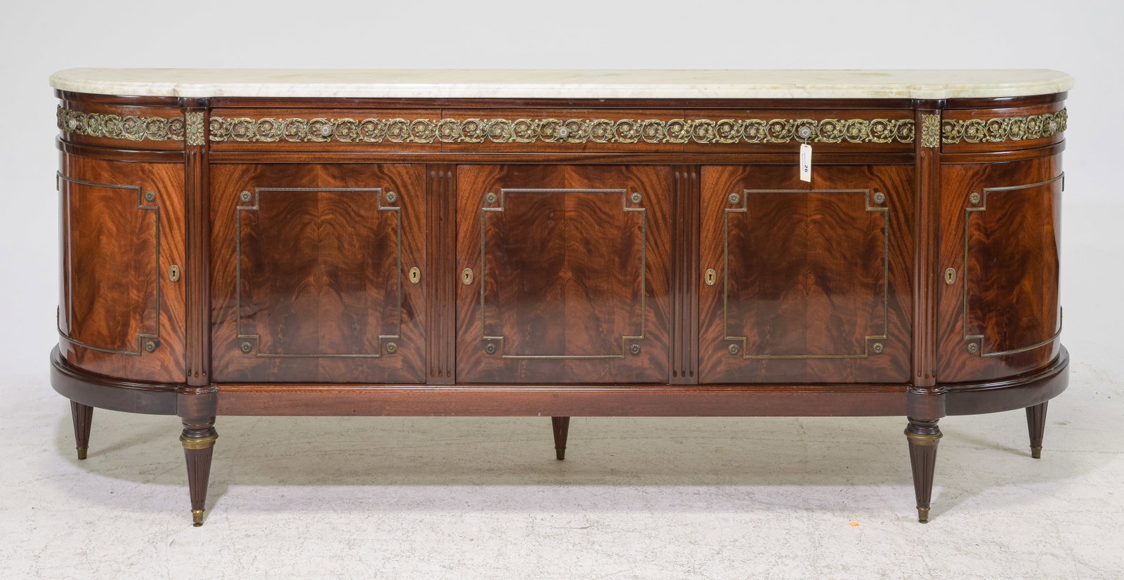 Louis XVI Style White Marble Top Curved Sideboard: French Louis XVI Style White Marble Top Curved Mahogany Sideboard / Enfilade - 39 in tall x 98.5 x 21