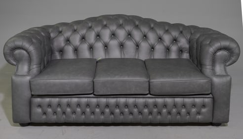 British Grey Button Tufted Leather Three Seater Sofa