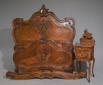 Louis XV Style Bed with Rails & Nightstand
