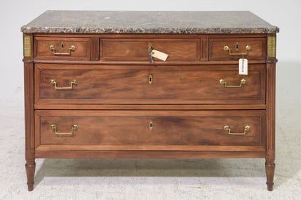 Louis XVI Style Marble Top Five Drawer Chest