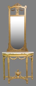 Louis XVI Style Gilded Marble Top Console with Mirror