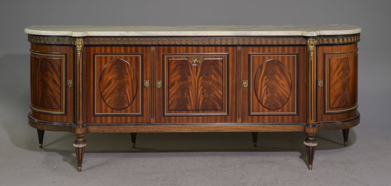 Louis XVI Style White Marble Top Curved Sideboard: French Louis XVI Style White Marble Top Curved Sideboard / Enfilade - 38.5 in tall x 101 x 23.5