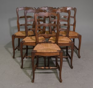 Louis XV Style Set of 6 Oak Rush Seat Dining Chairs