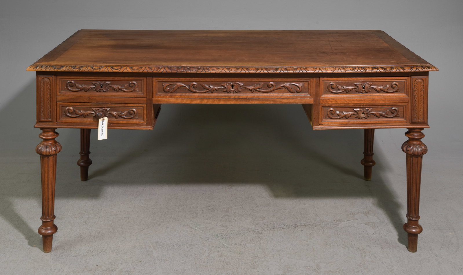 Henri II Style Carved Oak Desk: French Henri II Style Carved Oak Desk - 29.5 in tall x 60 x 31.5, kneehole is 24 x 24