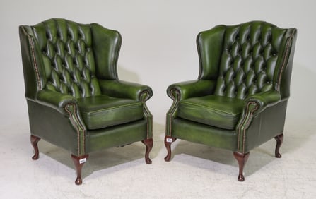 2 Green Chesterfield Wing Back Arm Chairs