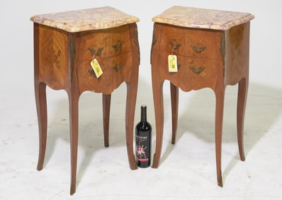 French Marble Top Pair of Inlaid Chests / Nightstands