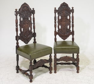 Renaissance Style Pair of Carved Oak Hall Chairs