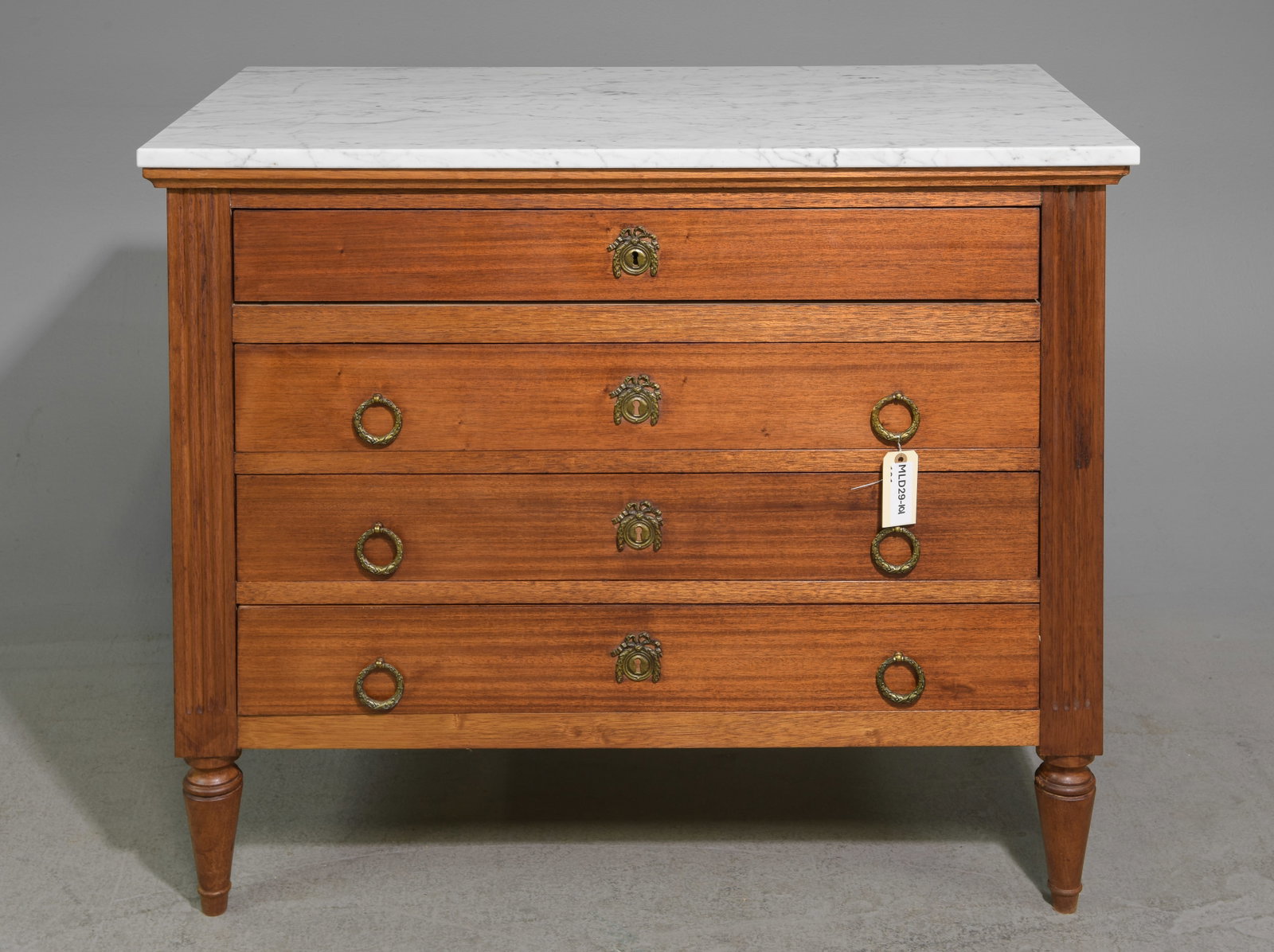 Louis XVI Style White Marble Top 4 Drawer Chest: French Louis XVI Style White Marble Top 4 Drawer Chest - 34 in tall x 41 x 22.5