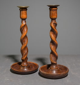 British Oak Pair of Barley Twist Candlesticks #1