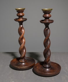 British Oak Pair of Barley Twist Candlesticks #2
