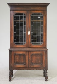 British Oak Leaded Glass Bookcase