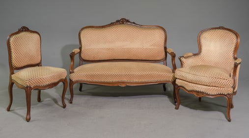 3pc Louis XV Style Walnut Salon Suite / Sofa Set