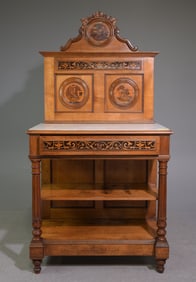 Henri II Style Walnut White Marble Top Server