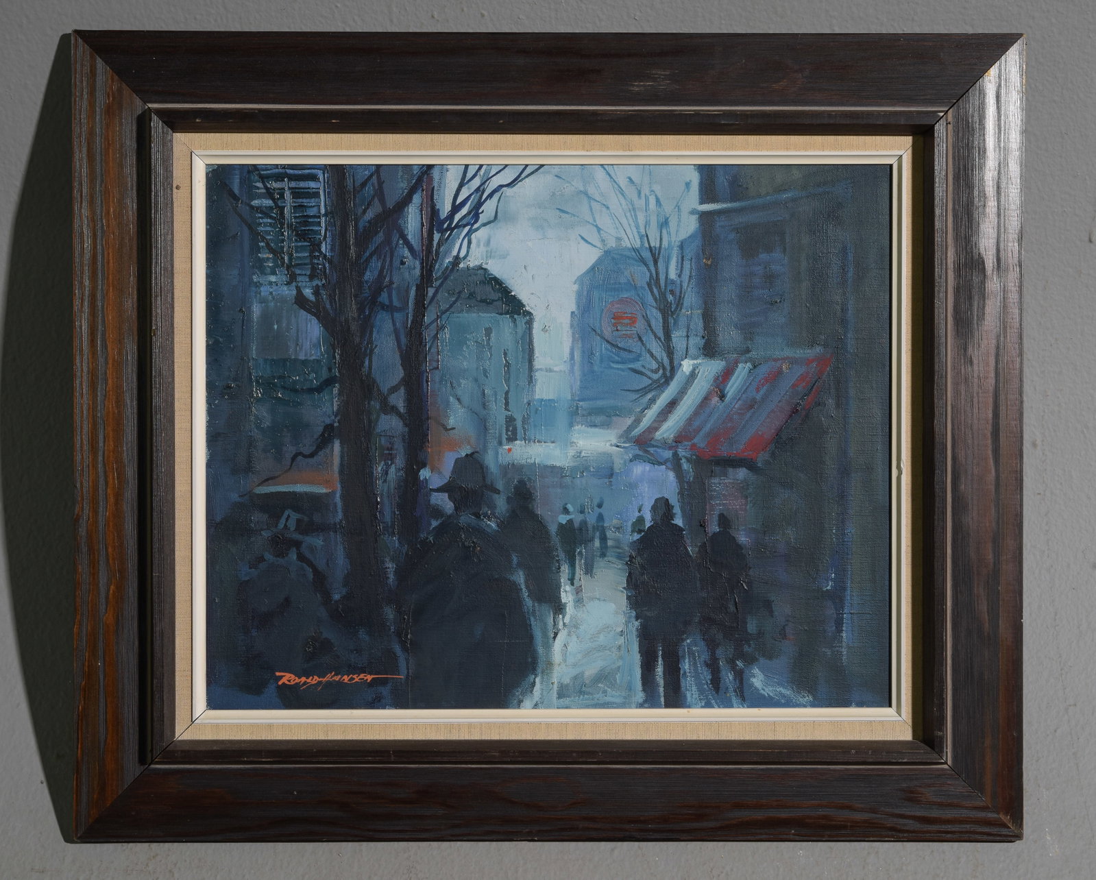 Roald Hansen Framed Oil on Canvas Street Scene: Roald Hansen Framed Oil on Canvas Street Scene - 22.5 in tall x 26.5 x 2, The work itself is 15 x 19