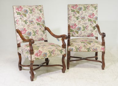 French Pair of Floral Upholstered Fireside Arm Chairs