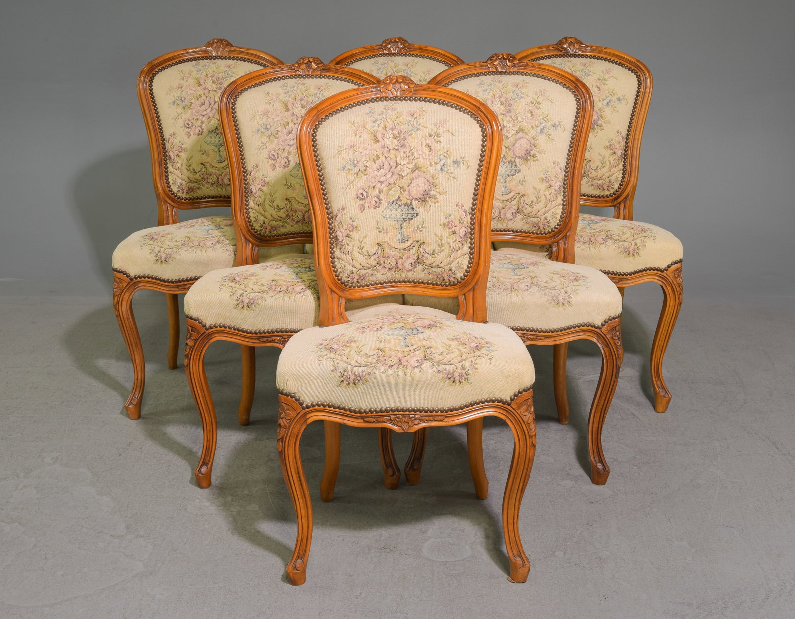 Louis XV Style Set Of 6 Dining Chairs: French Louis XV Style Set Of 6 Floral Upholstered Dining Chairs - 37.5 in tall x 20 x 19.5 x, seat height is 19