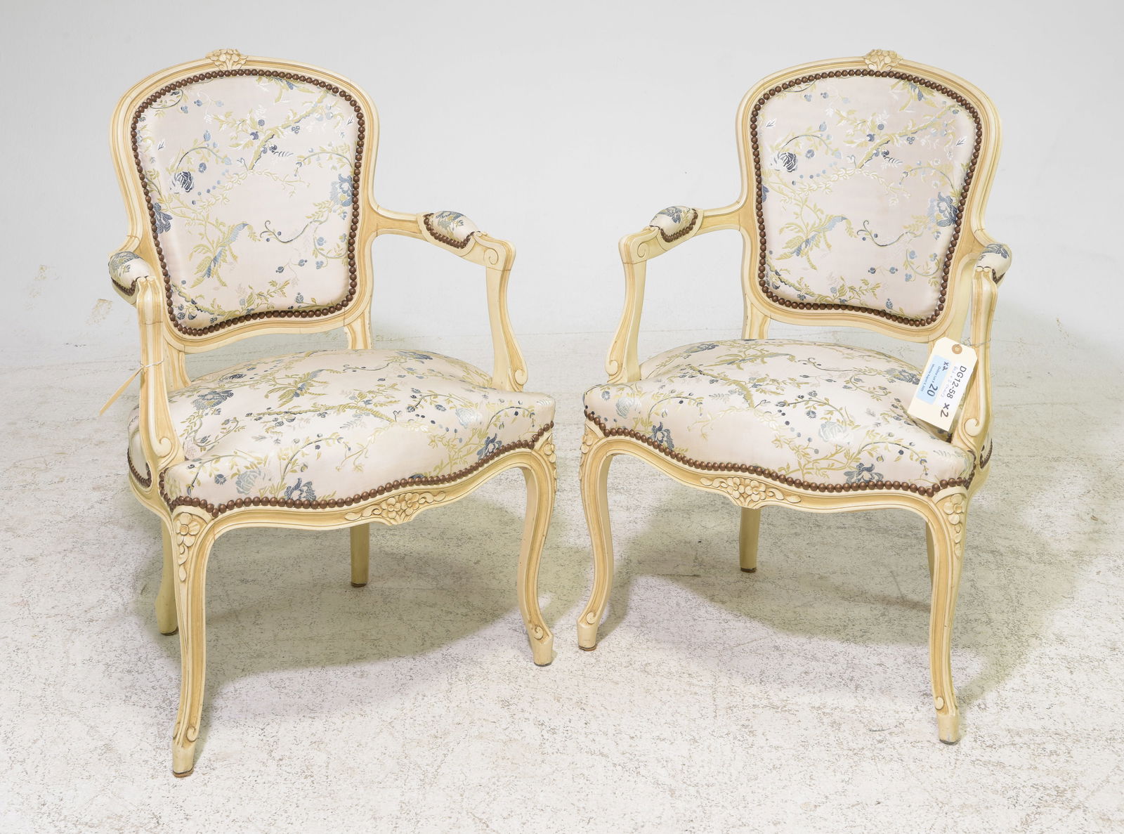 Louis XV Style Pair of Painted Arm Chairs: French Louis XV Style Pair of Painted Arm Chairs - 34 in tall x 24 x 20 each with a seat height of 16 inches