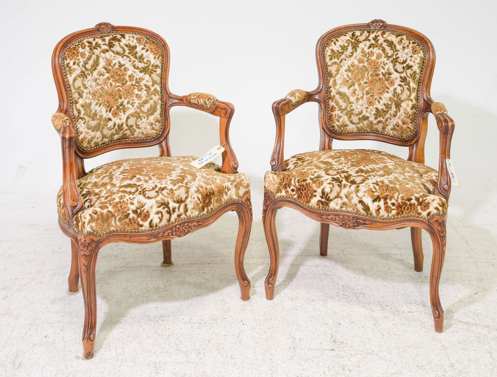 Louis XV Style Pair of Upholstered Arm Chairs: French Louis XV Style Pair of Upholstered Arm Chairs - 34 in tall x 24 x 19 each with a seat height of 16 inches